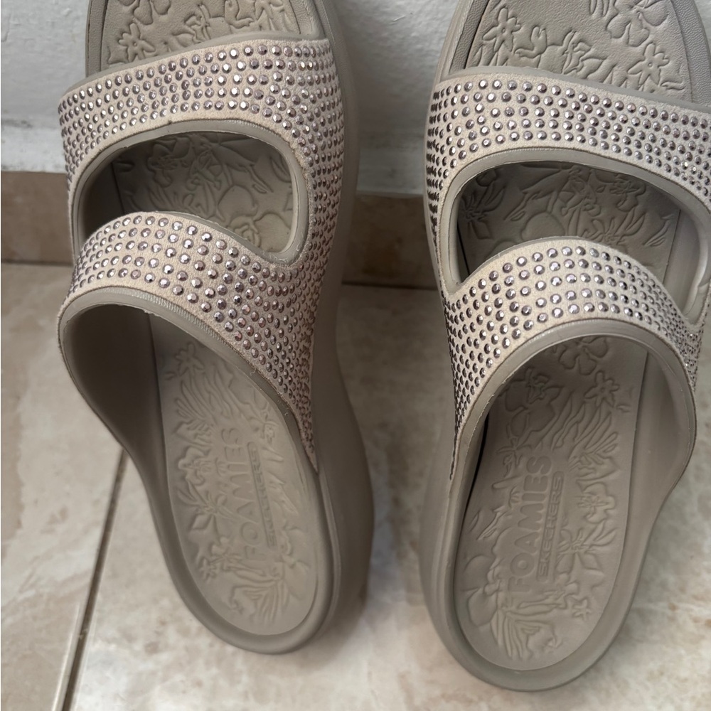 Foamtreads Women's Beige Crystal Double-Strap Slide Sandals